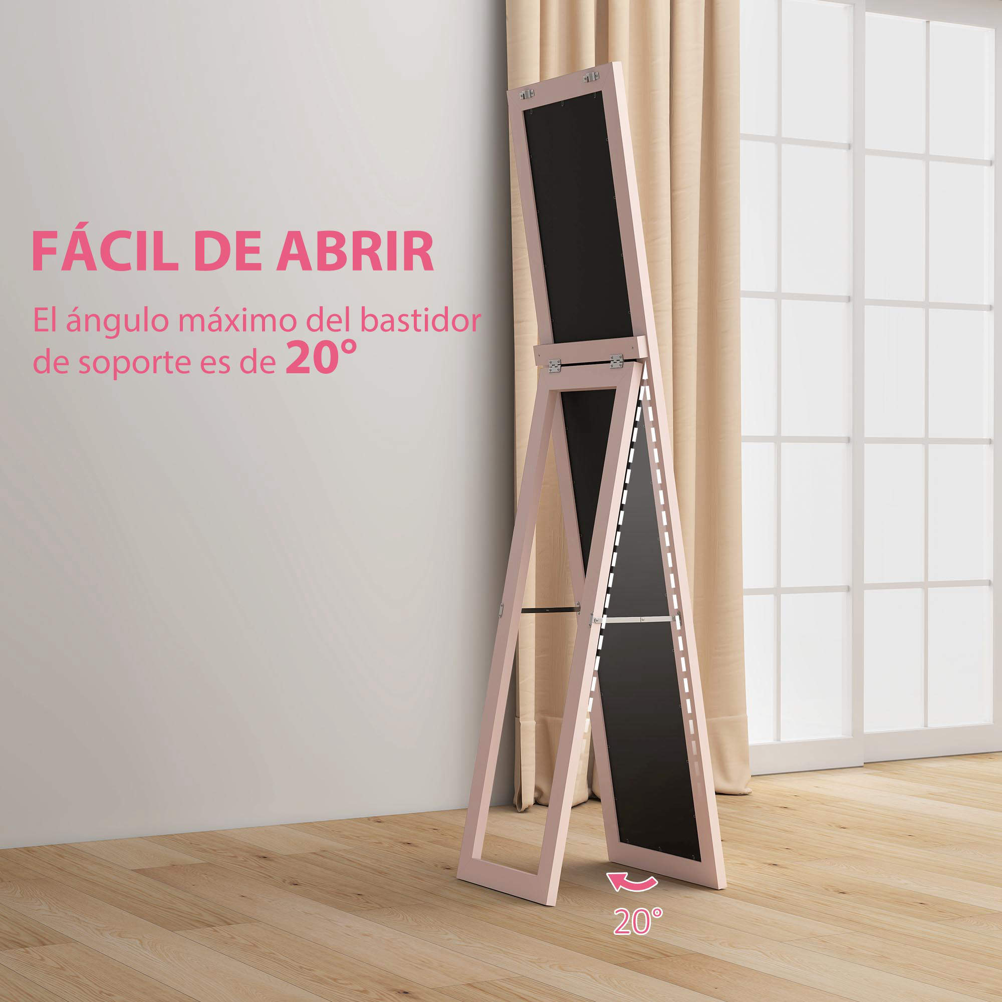 Un tocador de joyas rosa con espejo se apoya en un suelo de madera.