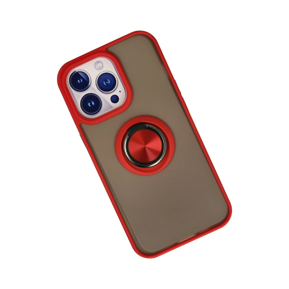 Kırmızı kenarlı kahverengi telefon kılıfı, kamera ve halka tutucu.