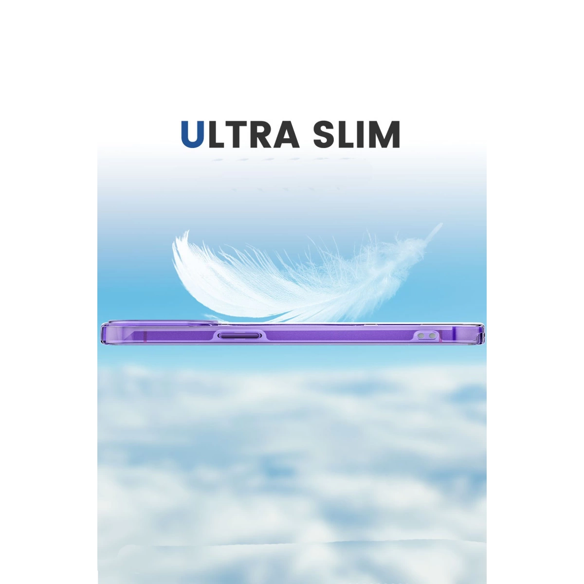 Mor telefon kılıfı bulutlar üzerinde tüy grafiği ile.