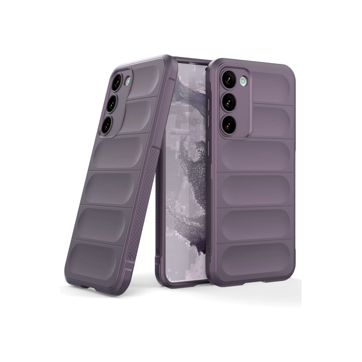 Kanallı desenli iki mor telefon kılıfı, biri telefonda.