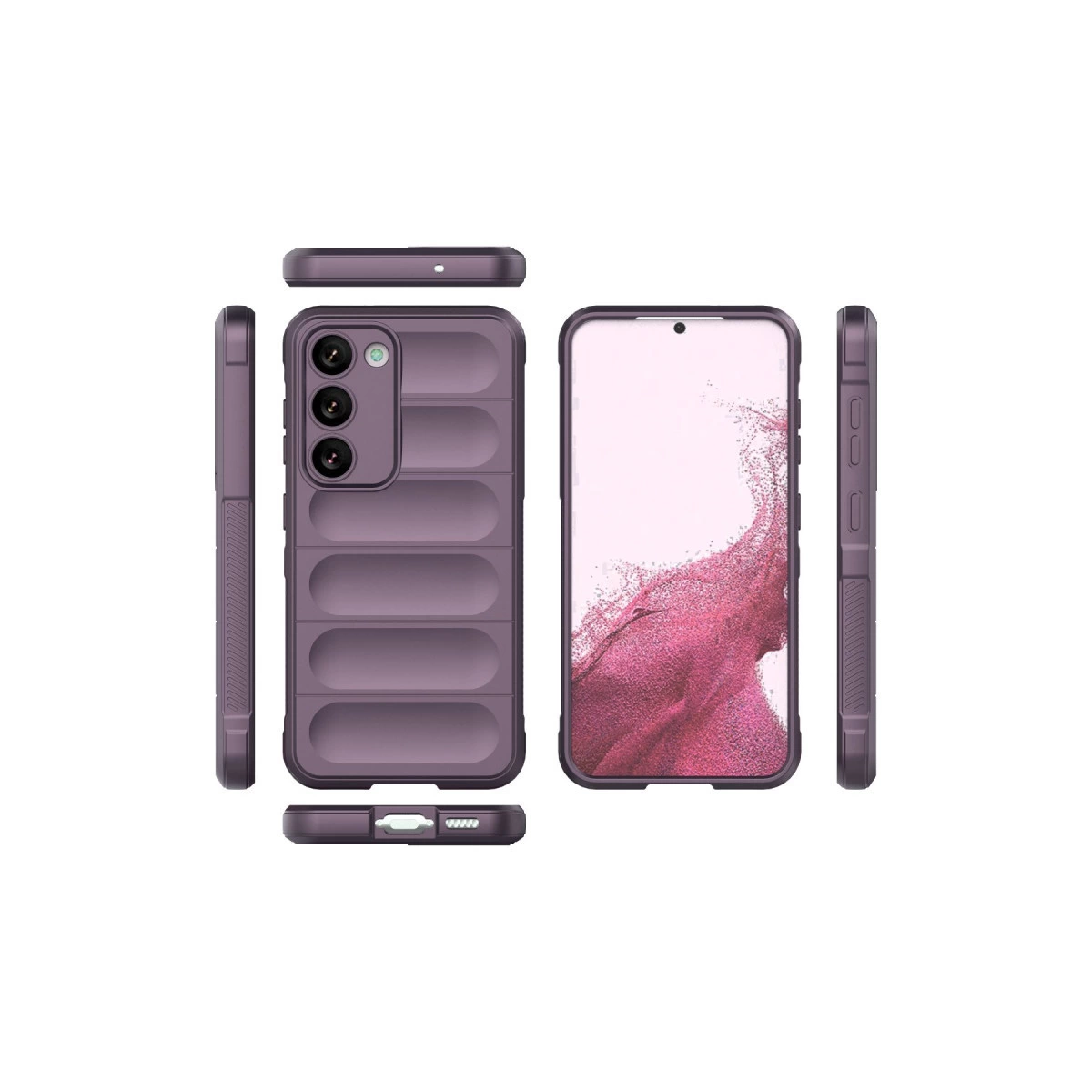 Kanallı tasarıma sahip mor telefon kılıfı, ön, arka ve yan görünümler.