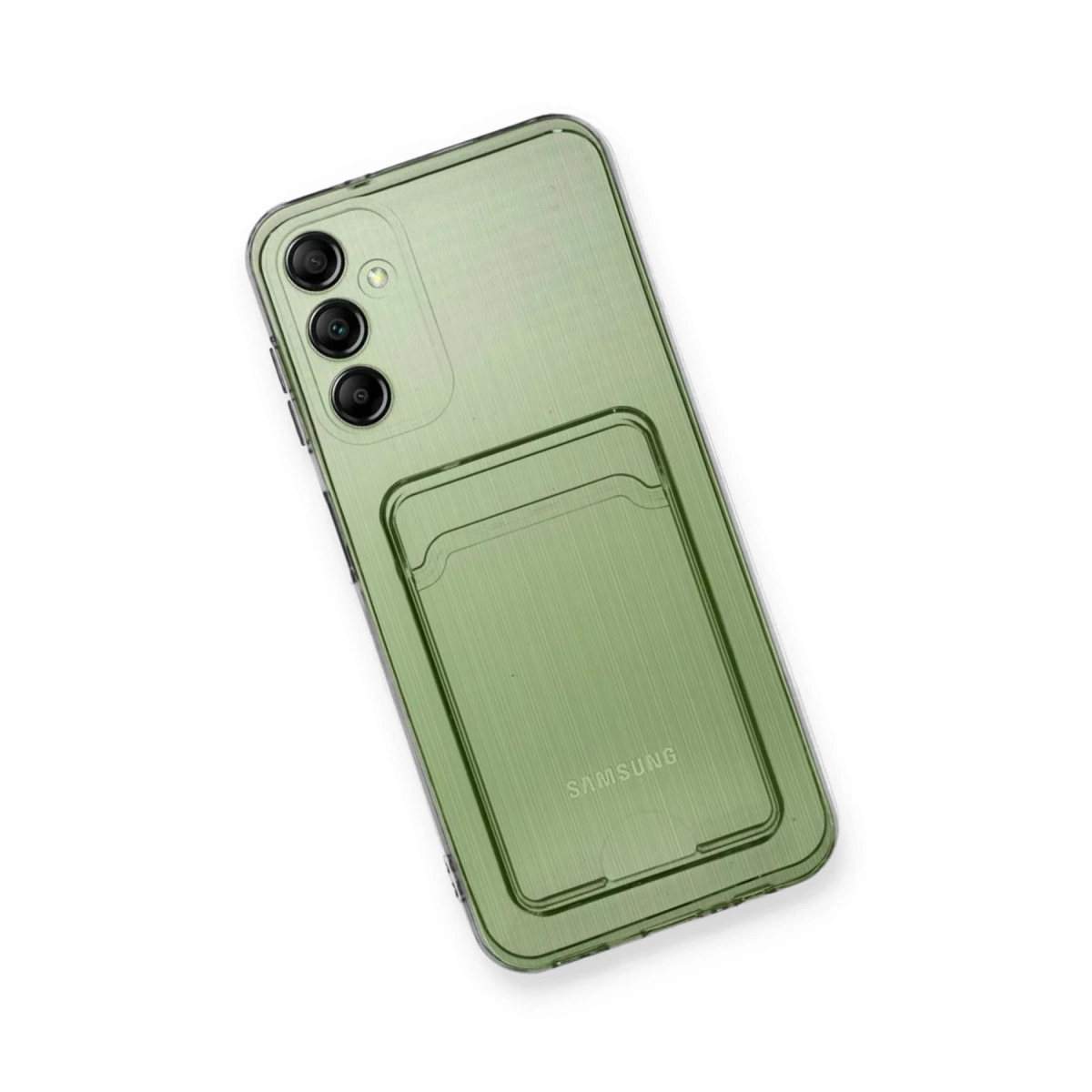 Beyaz arka plan üzerinde kart tutuculu ve kamera lensli yeşil telefon kılıfı.