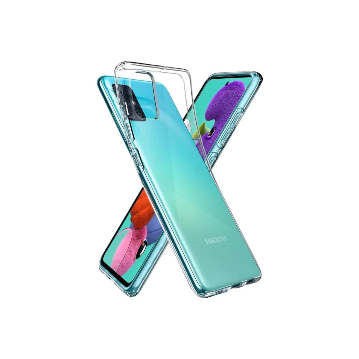 Turkuaz Samsung telefon üzerinde şeffaf kılıf.
