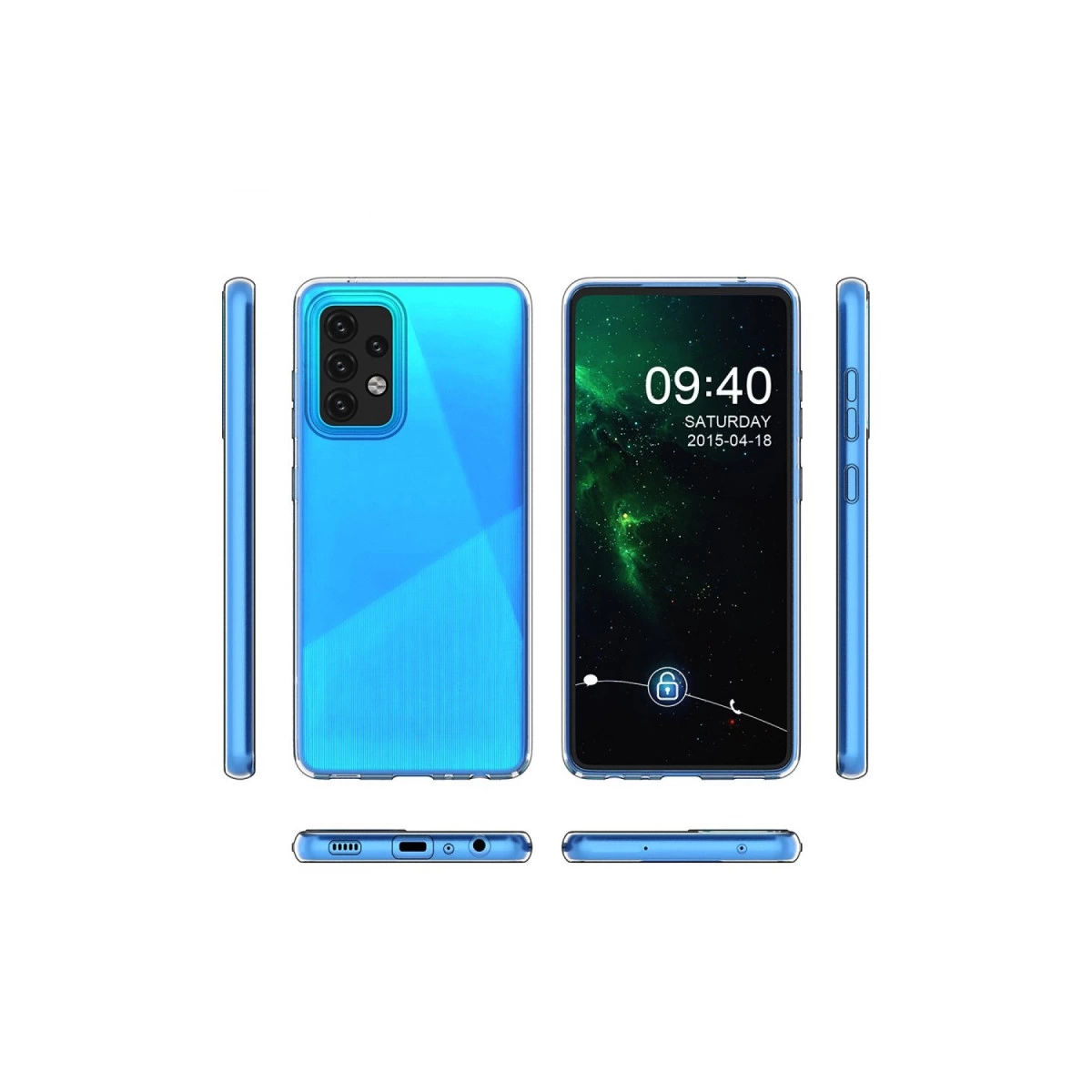 Saat ve tarih göstergeli mavi akıllı telefon, arka ve yan görünümler.