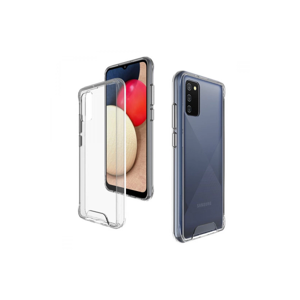 Mavi bir Samsung akıllı telefonun yanında şeffaf telefon kılıfı.