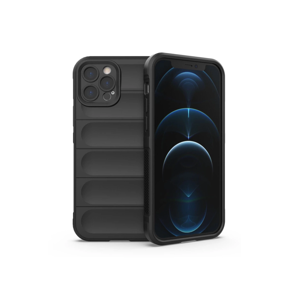 Arkasında kamera sistemi ve yatay olukları olan siyah telefon.