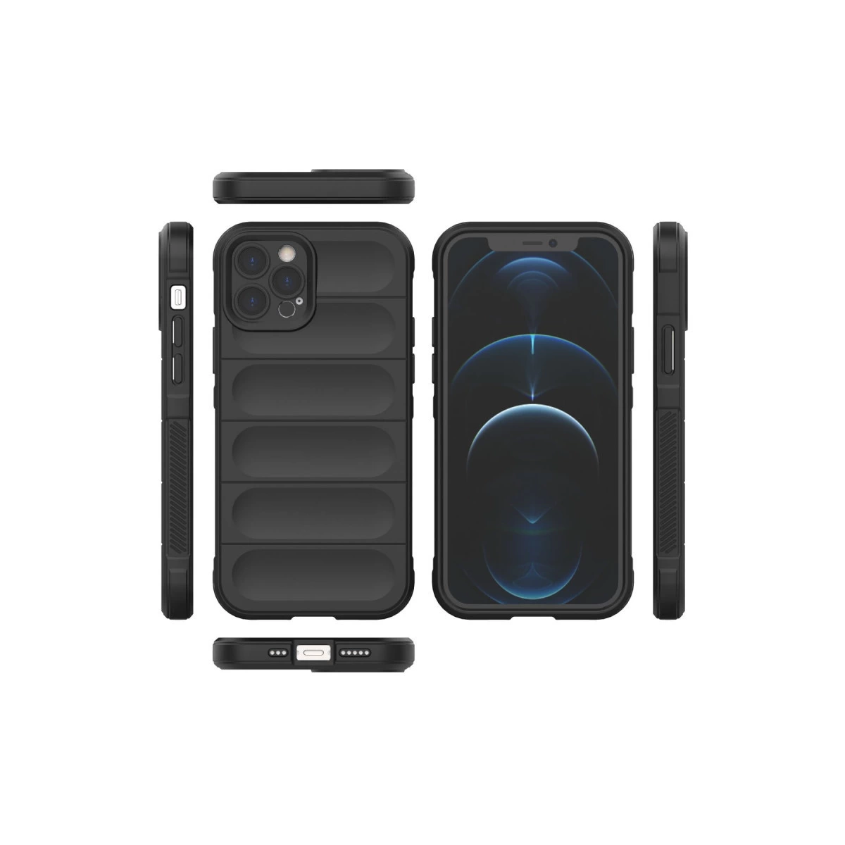 Yatay oluklu ve kamera kesimli siyah telefon kılıfı.