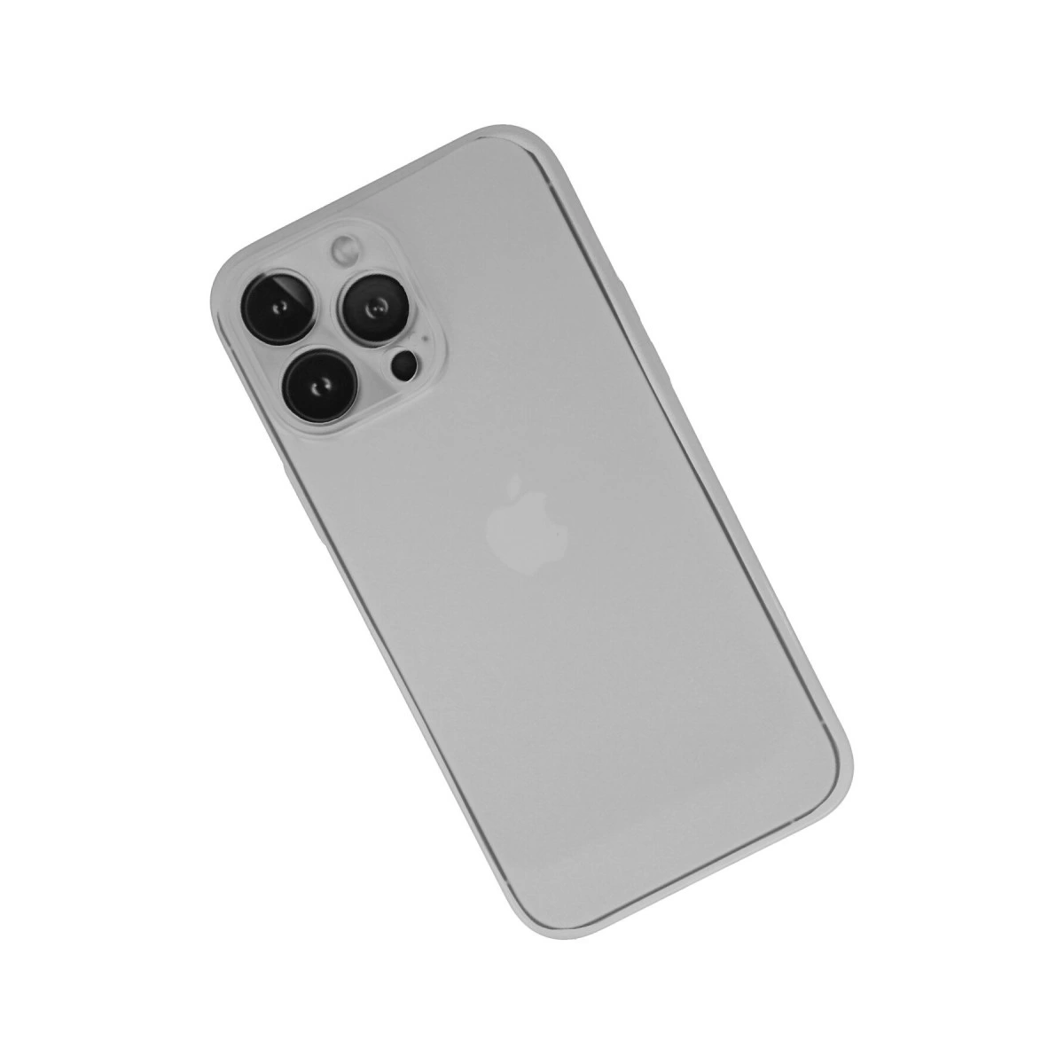 Üç lensli şeffaf telefon kılıfı, beyaz arka plan üzerinde.