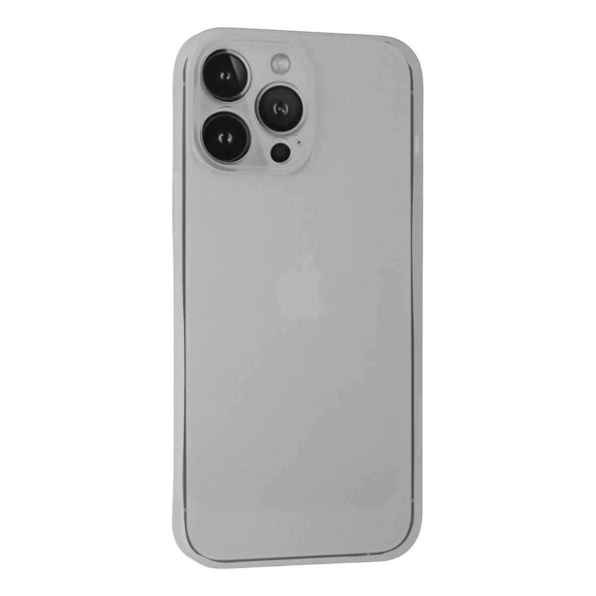 Üç lensli ve Apple logolu, açık gri iPhone'un arkası.