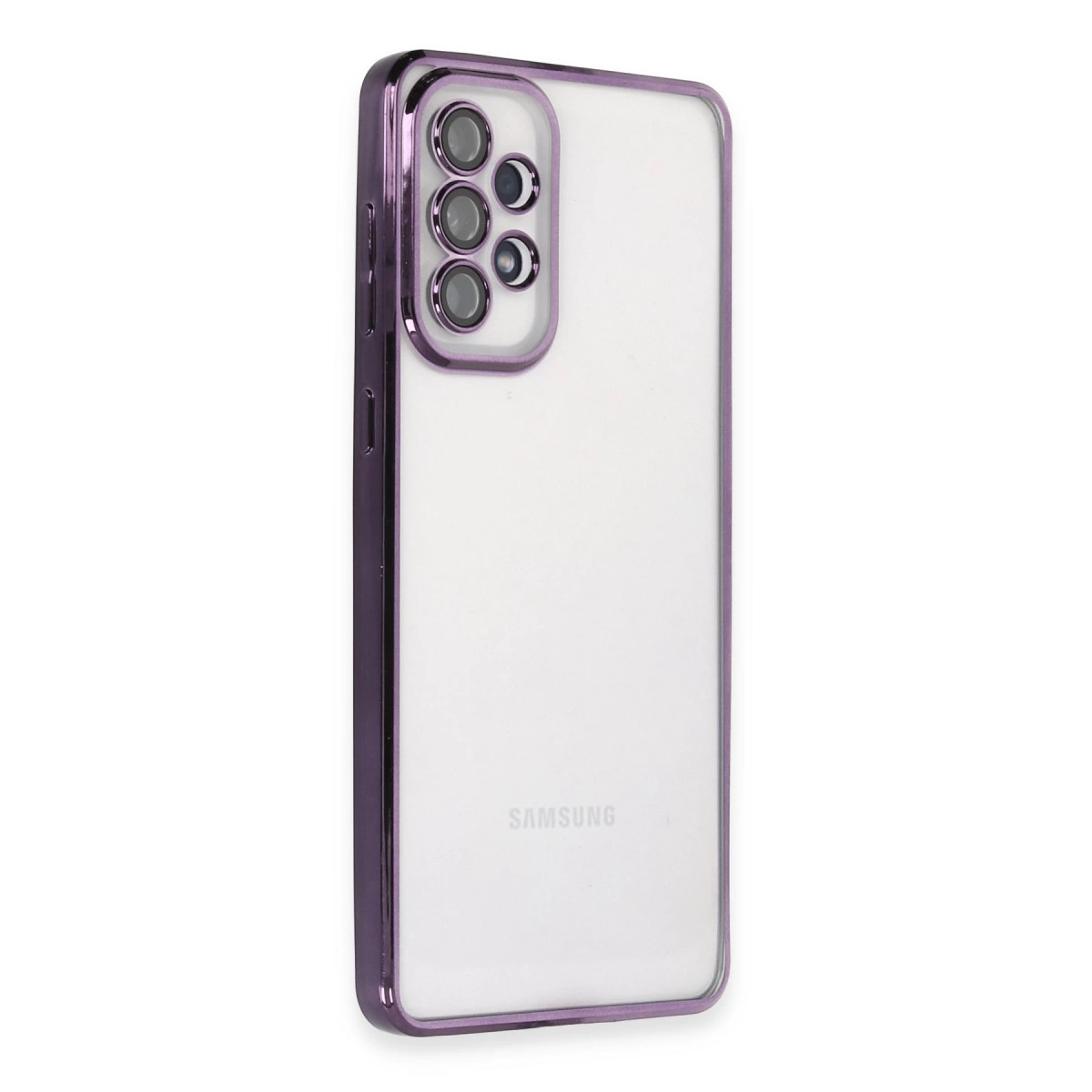 Samsung telefon için mor çerçeveli ve kamera çıkıntılı şeffaf kılıf.