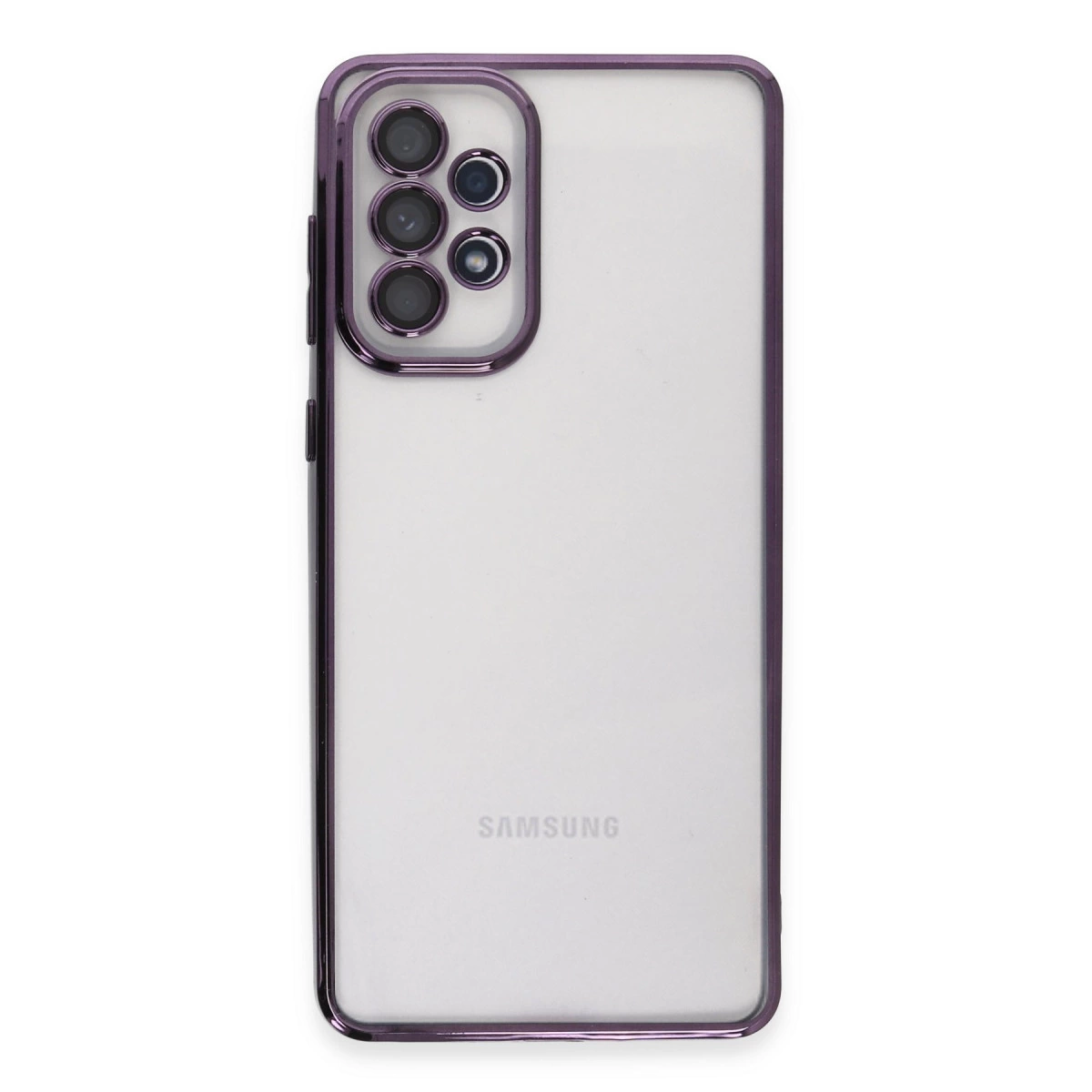 Mor kenarlı ve kamera kesimli şeffaf telefon kılıfı.