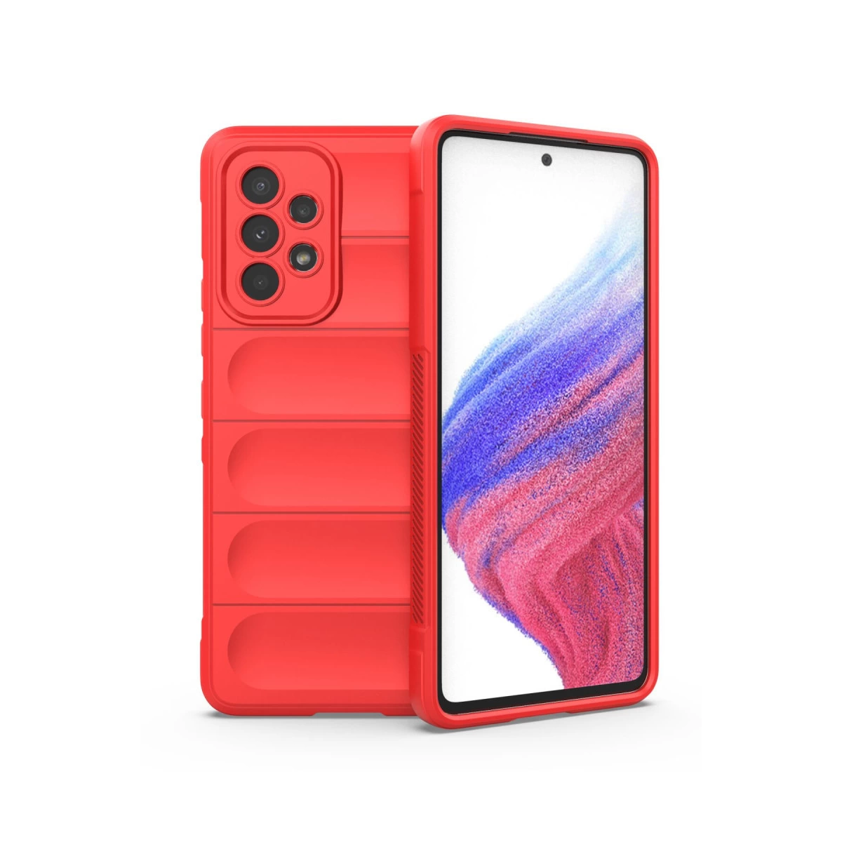 Yatay oluklu ve kamera modüllü kırmızı telefon kılıfı.