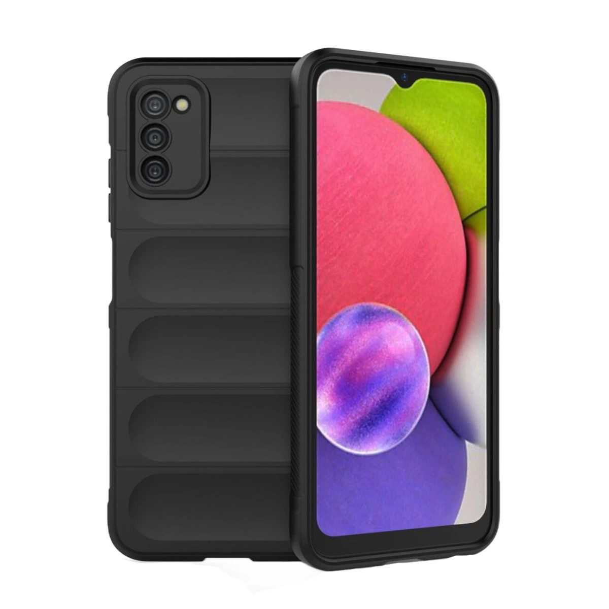 Üç kameralı ve nervürlü dokulu siyah bir telefon.