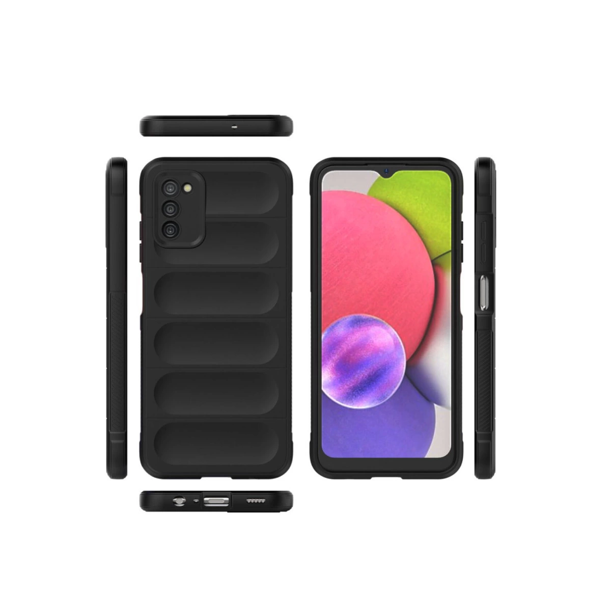 Kamera, nervürlü arka ve renkli ekranlı siyah telefon.