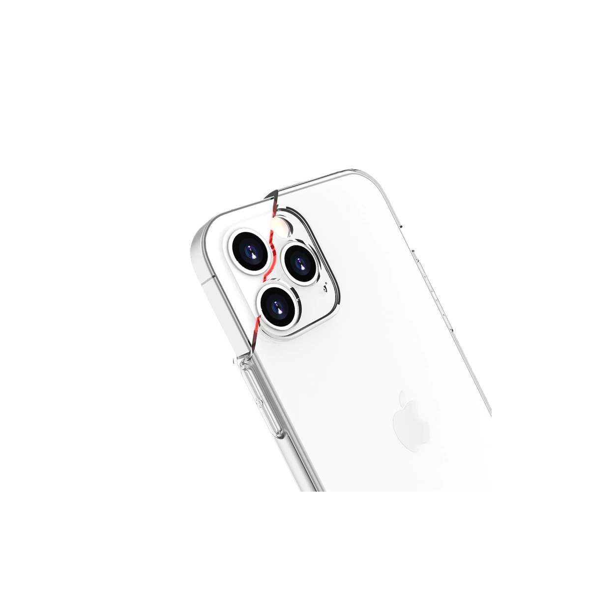 Belirgin kırmızı çatlakları olan şeffaf iPhone kılıfı.