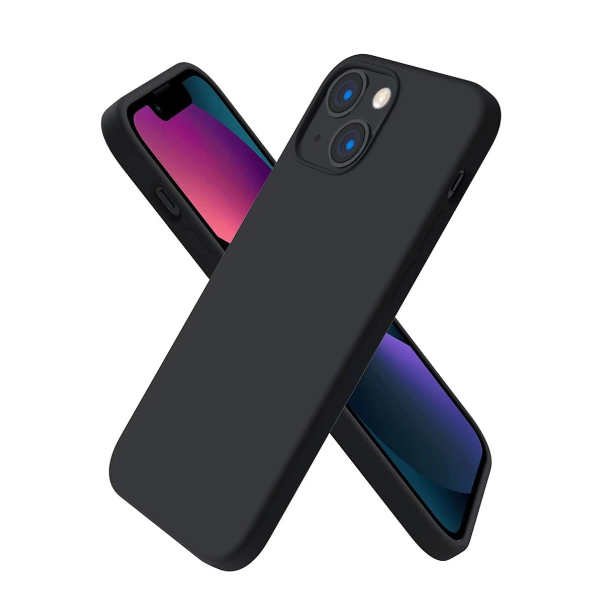 İki siyah iPhone kılıfı çaprazlanmış durumda. Bir kılıf kameraları gösteriyor.