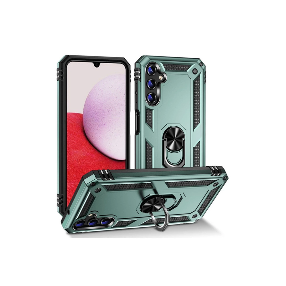 Halka tutuculu turkuaz telefon kılıfı, üç görünüm.
