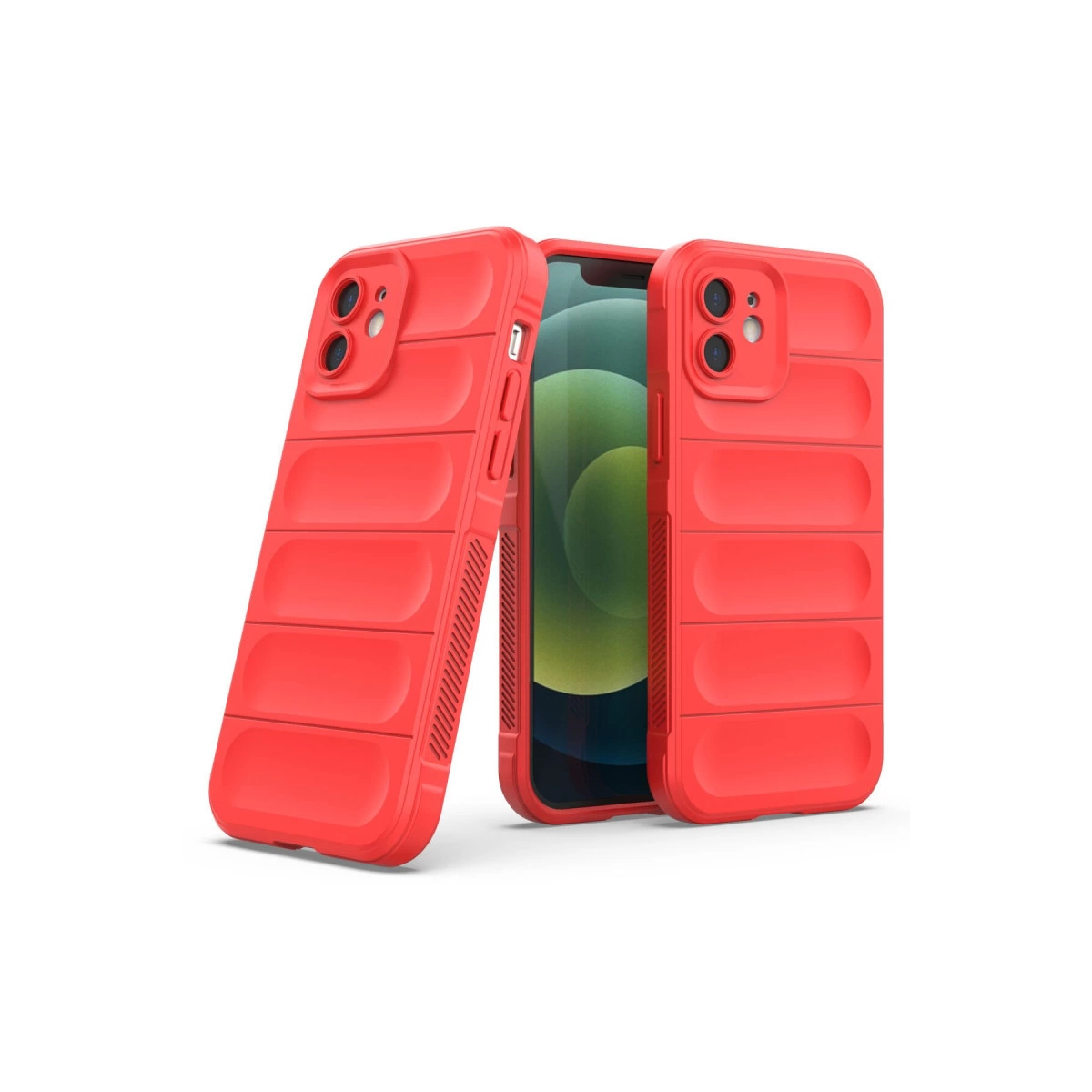 İki kırmızı dolgulu telefon kılıfı, biri telefonda, diğeri yanında.