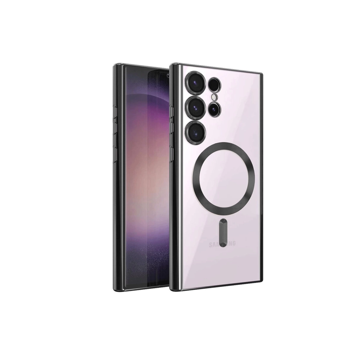 Arkada dört kamera ve manyetik halka bulunan açık pembe bir telefon.