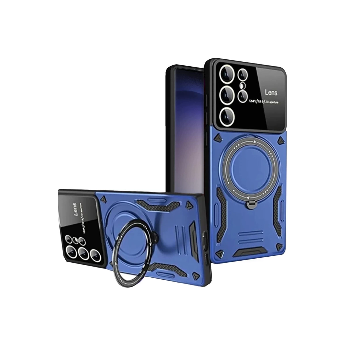 Halka tutuculu ve kamera modüllü iki mavi telefon kılıfı.