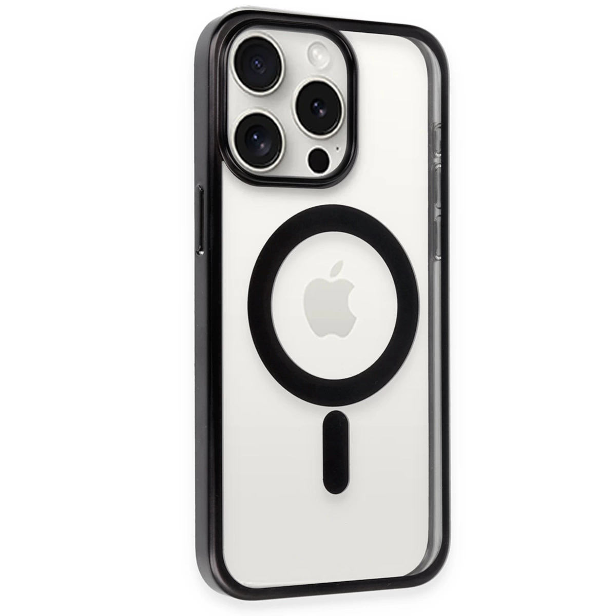 MagSafe halkalı ve kamera sistemli iPhone kılıfı beyaz arka planda.