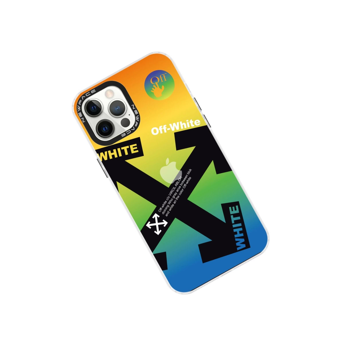 Turuncudan maviye geçişli iPhone kılıfı, Off-White logosu ve oklar.