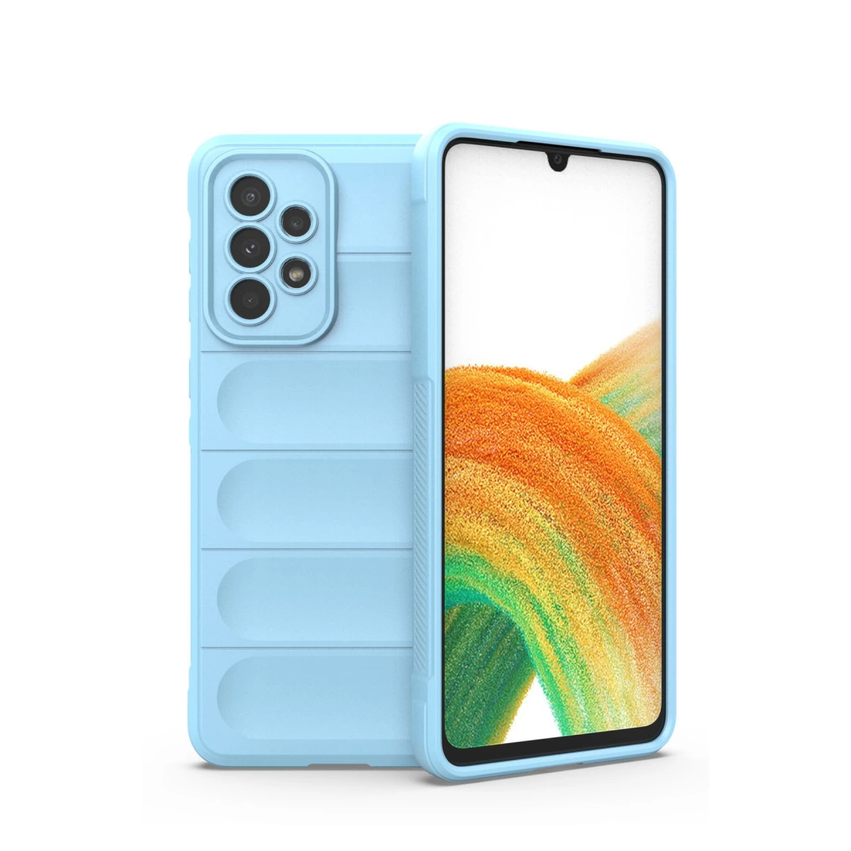 Kameralı ve desenli açık mavi telefon kılıfı beyaz zeminde.
