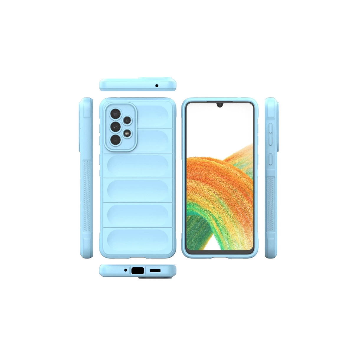 Kanallı dokuya sahip açık mavi telefon kılıfı, ön ve arka görünümler.