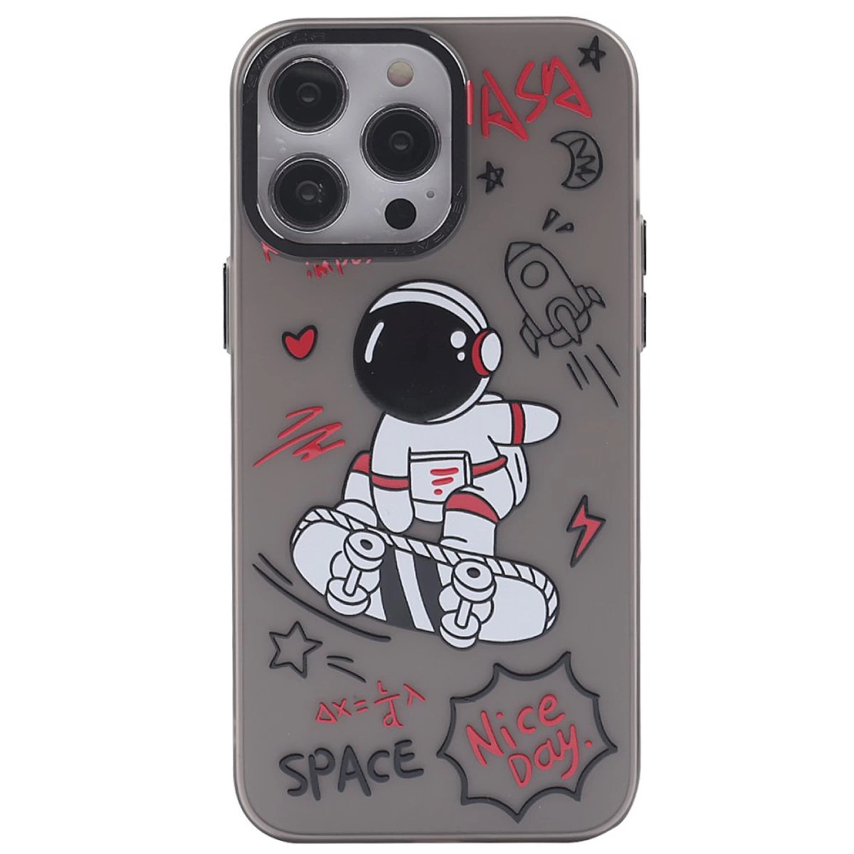 Astronotlu kaykay, NASA logosu, roket ve metin içeren gri telefon kılıfı.