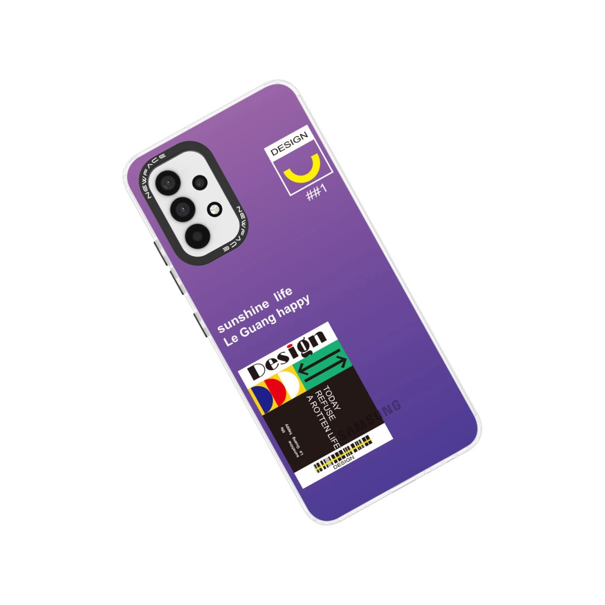 Geometrik desenli ve yazılı mor telefon kılıfı.