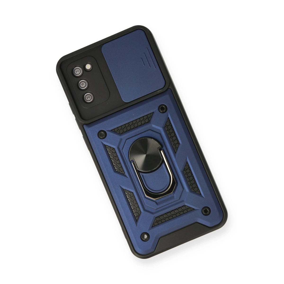 Halka tutuculu ve kamera kapaklı koyu mavi telefon kılıfı.