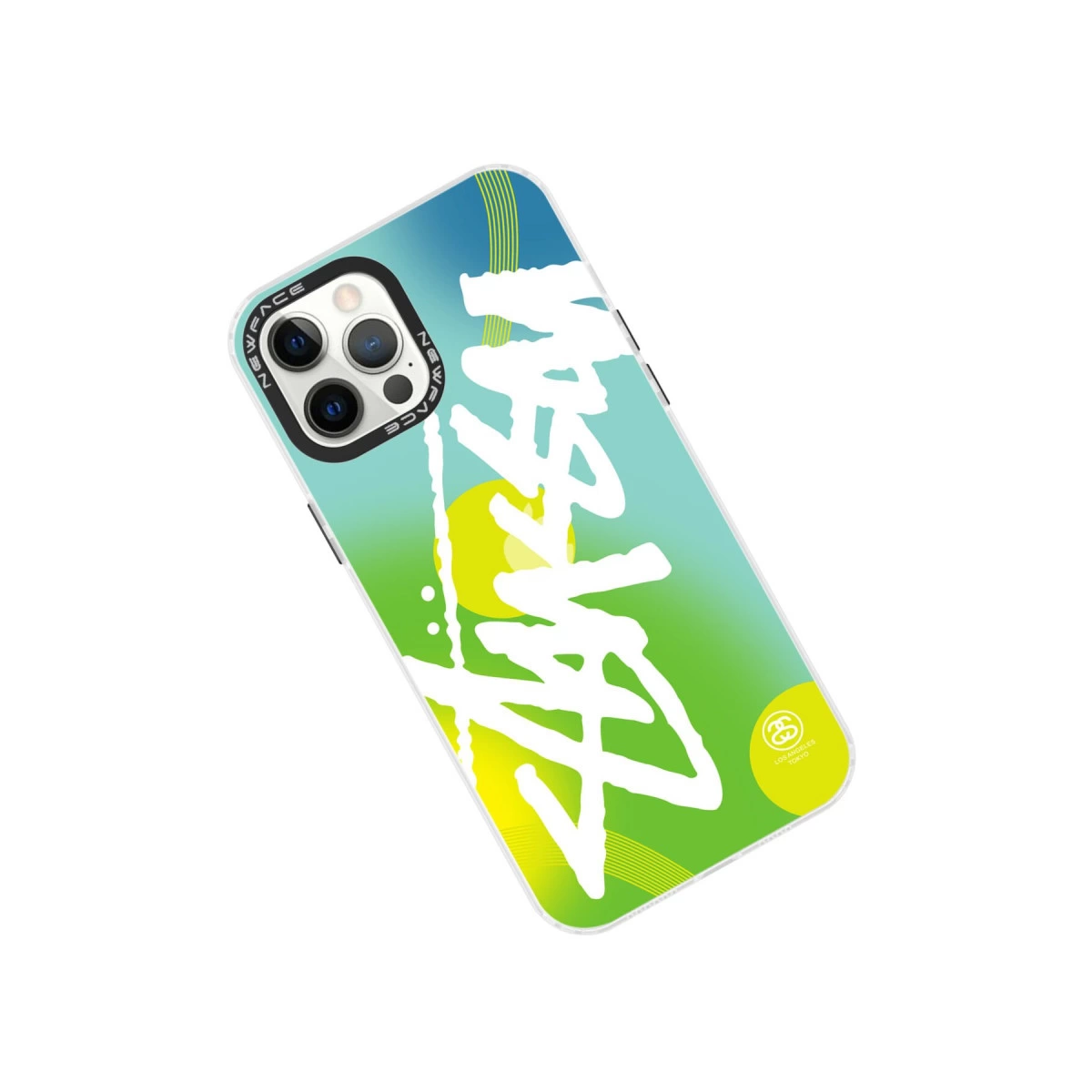 Mavi-yeşil geçişli iPhone kılıfı, beyaz grafiti yazı ve sarı vurgular.