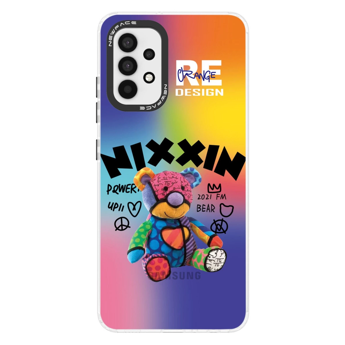 Renkli ayıcık, 'NIXXIN', 'ORANGE DESIGN' yazılı telefon kılıfında.