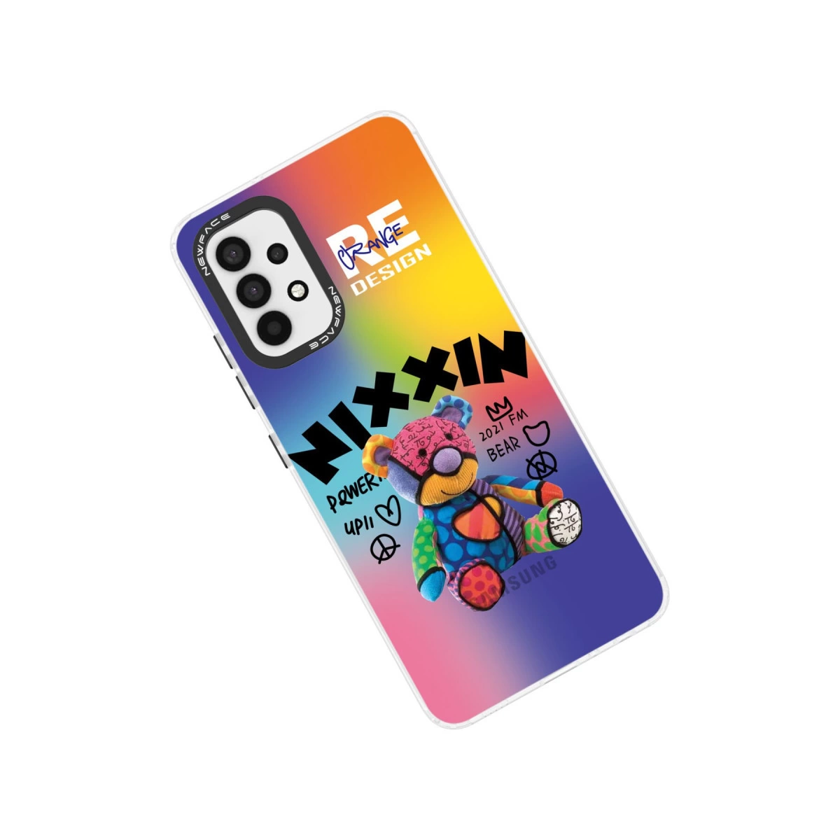 Ayıcık ve NIXXIN yazılı renkli telefon kılıfı.