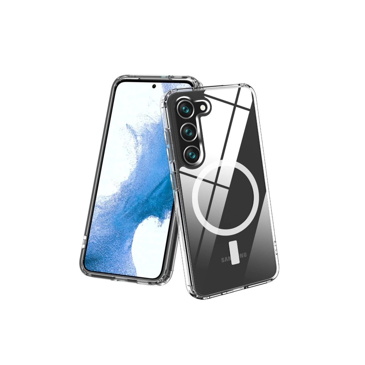 Üç kameralı ve manyetik halkalı şeffaf telefon kılıfı.