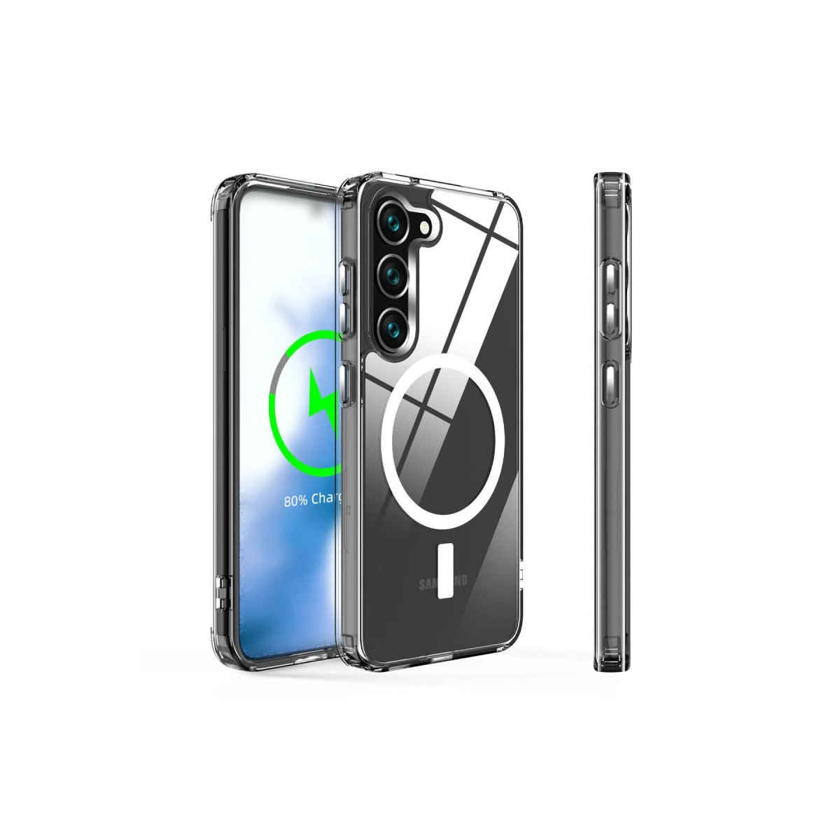 Manyetik halkalı şeffaf telefon kılıfı seti ve %80 şarj gösteren bir telefon.
