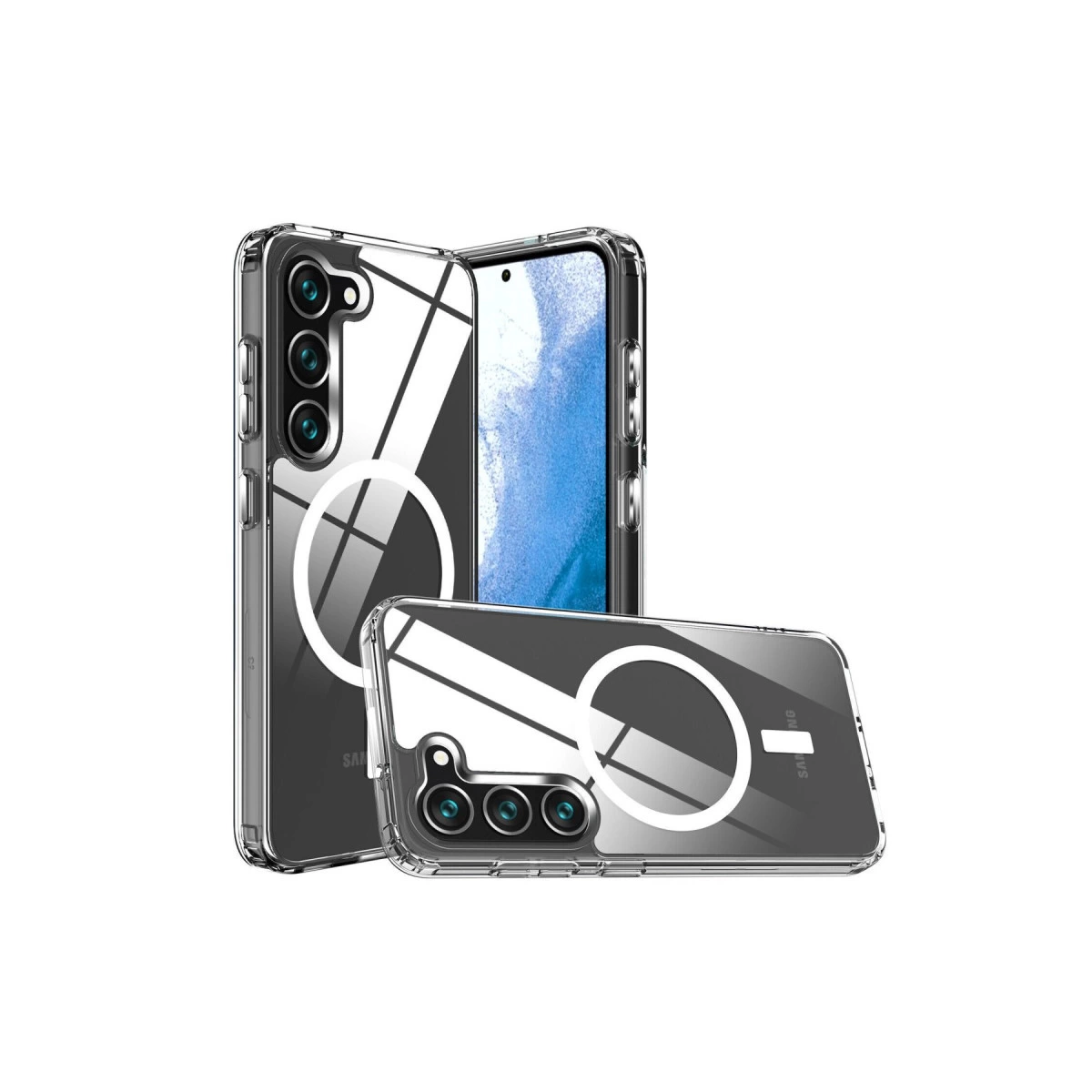 Üç kameralı ve manyetik halkalı şeffaf telefon kılıfı.