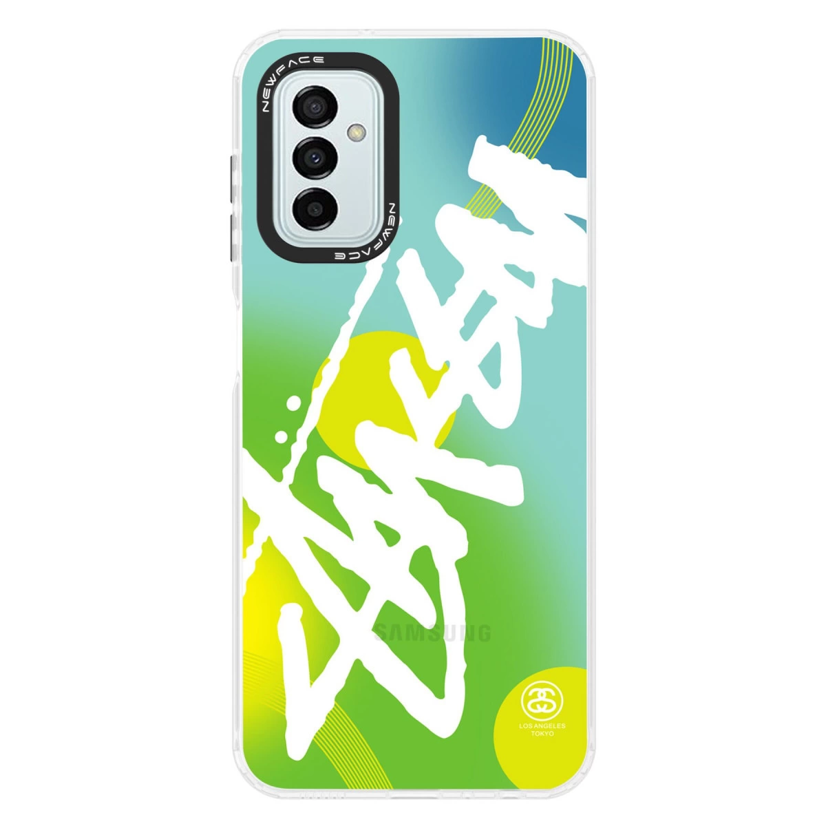 Yeşil-mavi geçişli, beyaz grafiti yazılı, sarı daireli ve Samsung logolu telefon kılıfı.