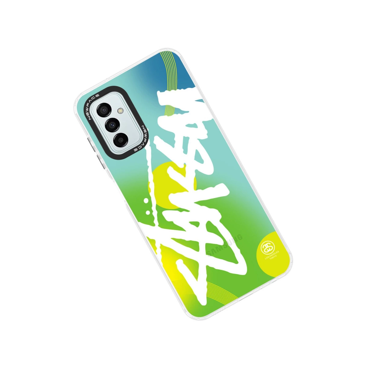 Beyaz grafiti, sarı daire, yeşil/mavi degrade desenli telefon kılıfı.