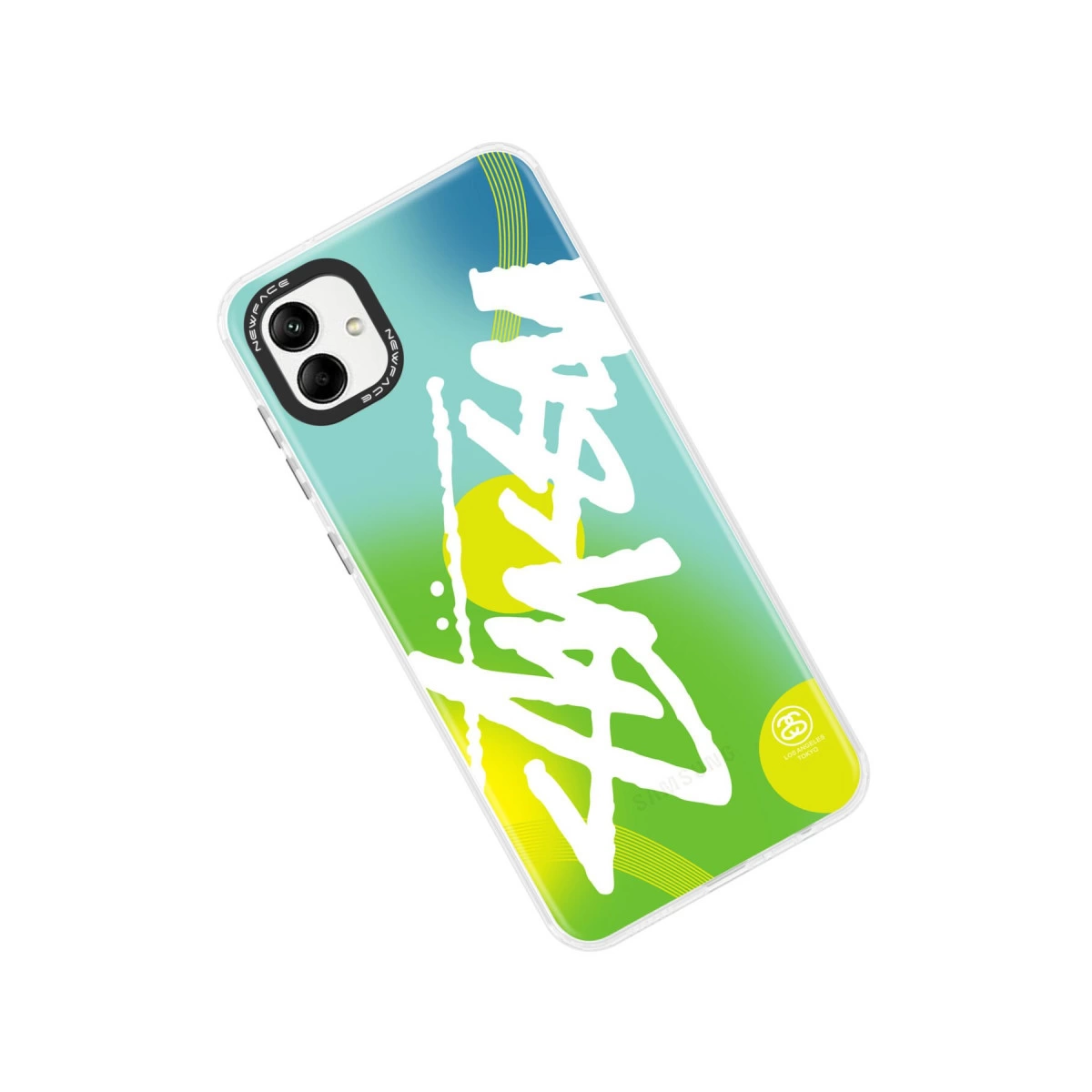 Maviden yeşile gradyanlı ve beyaz grafiti tarzı metinli bir telefon kılıfı.