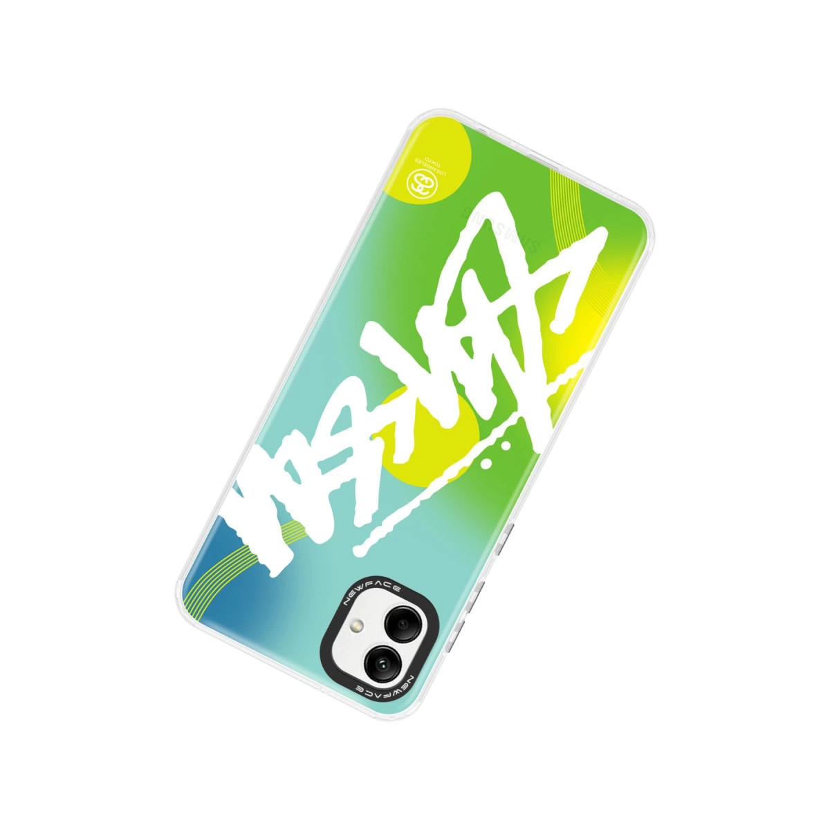 Mavi-yeşil geçişli, beyaz grafiti yazılı iPhone kılıfı.