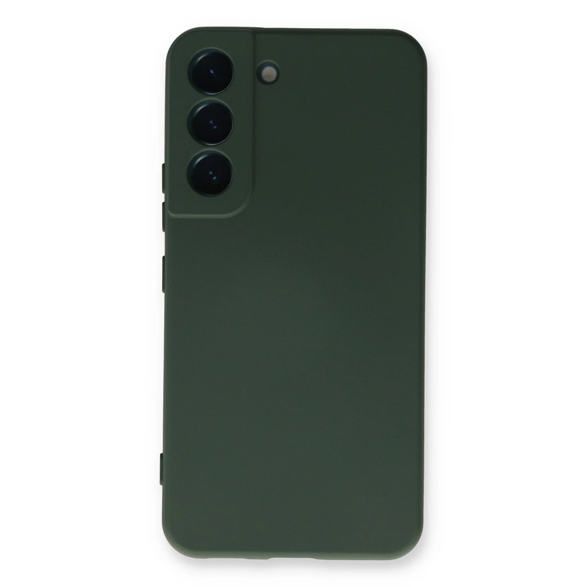 Üç kamera lensli ve flaşlı koyu yeşil telefon kılıfı.