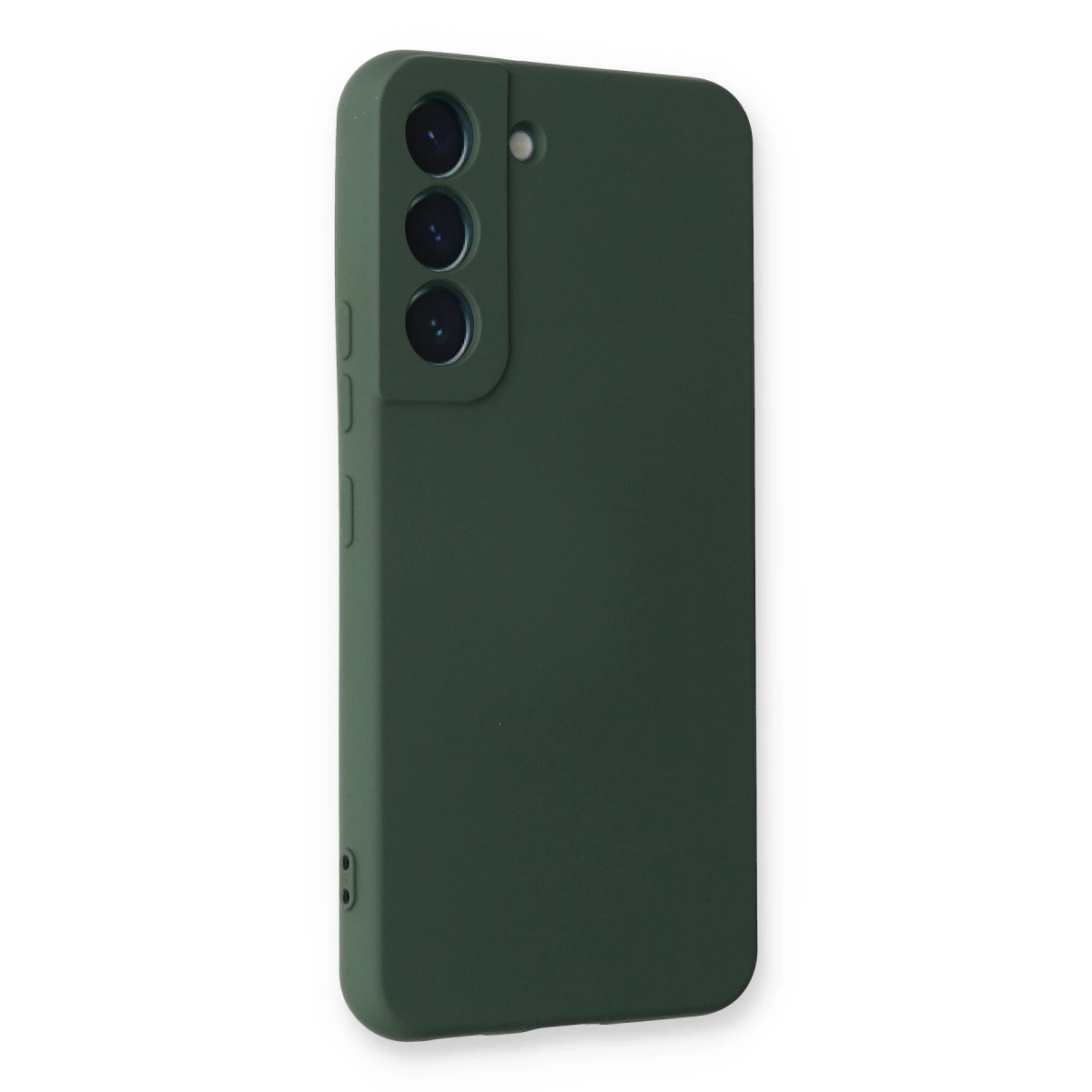 Üç kamera lensi ve flaşlı koyu yeşil telefon kılıfı.