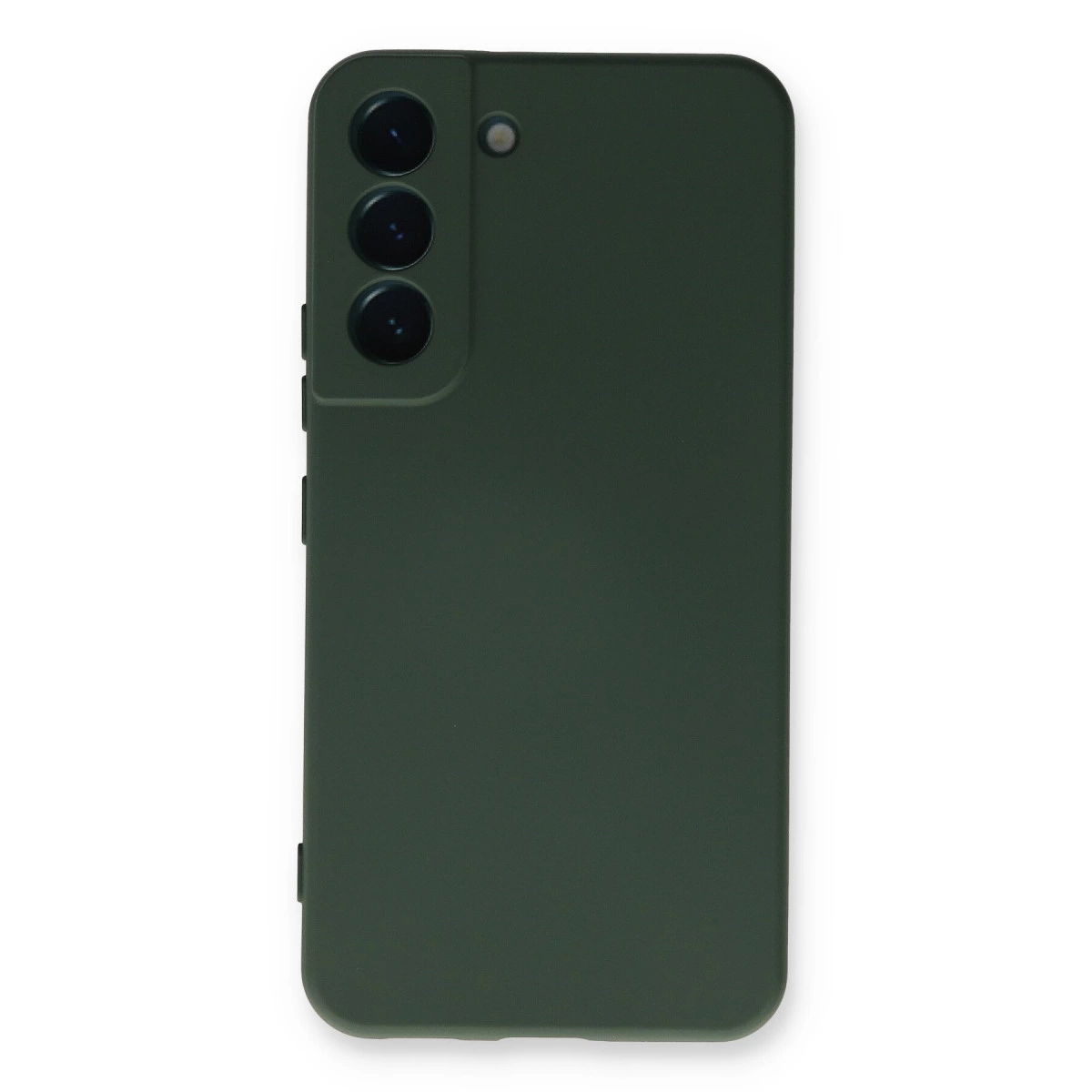 Arkada üç kamera ve flaşlı koyu yeşil telefon kılıfı.