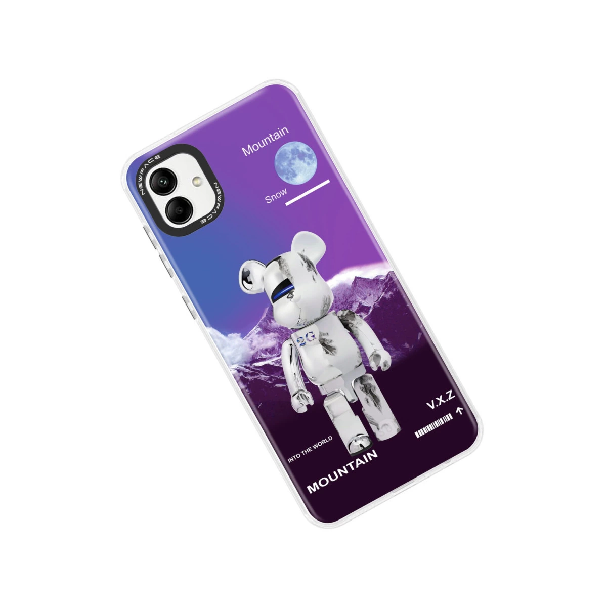 Dağ manzarası ve ay önünde robot ayı içeren telefon kılıfı.