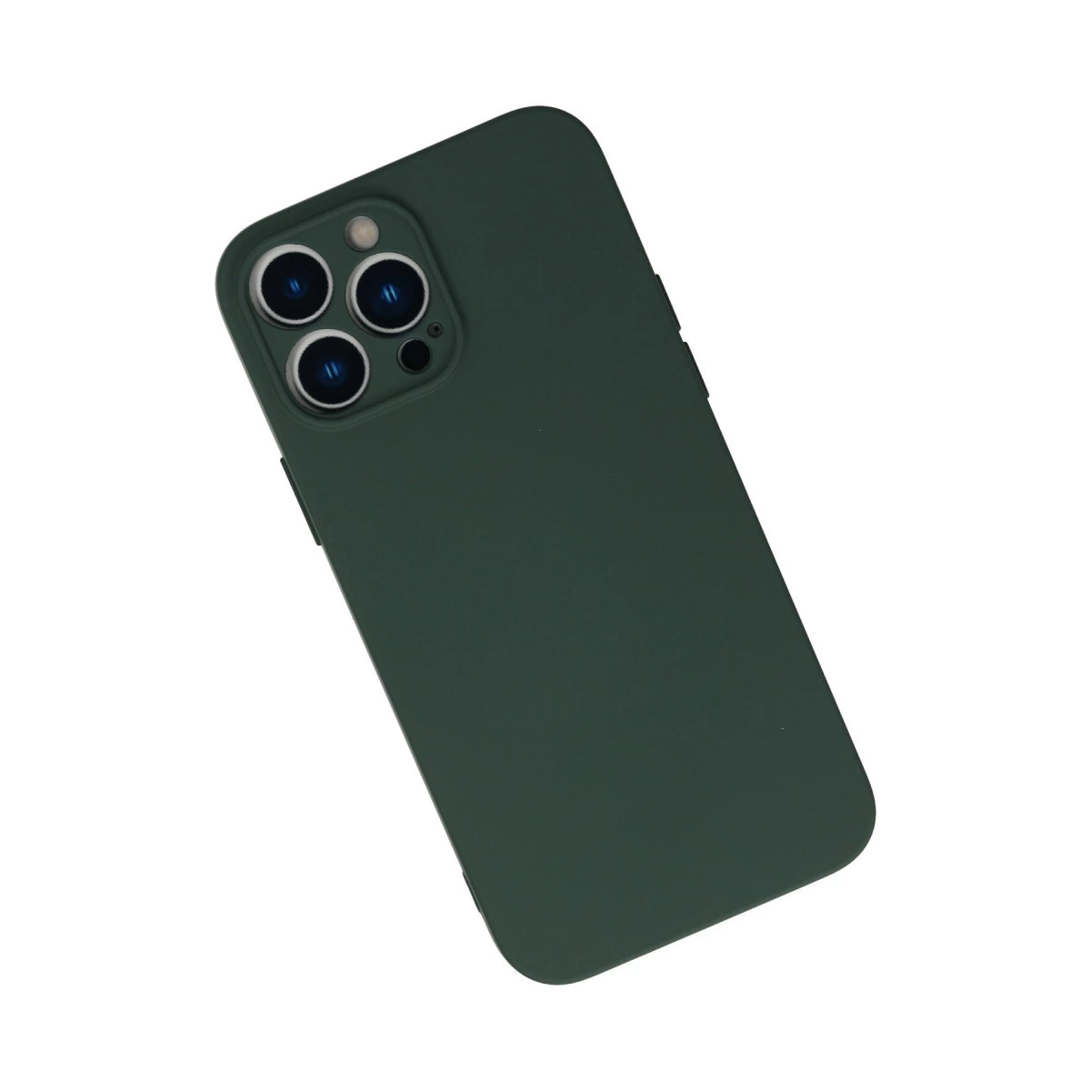 Üç kamera lensli ve flaşlı koyu yeşil telefon kılıfı.