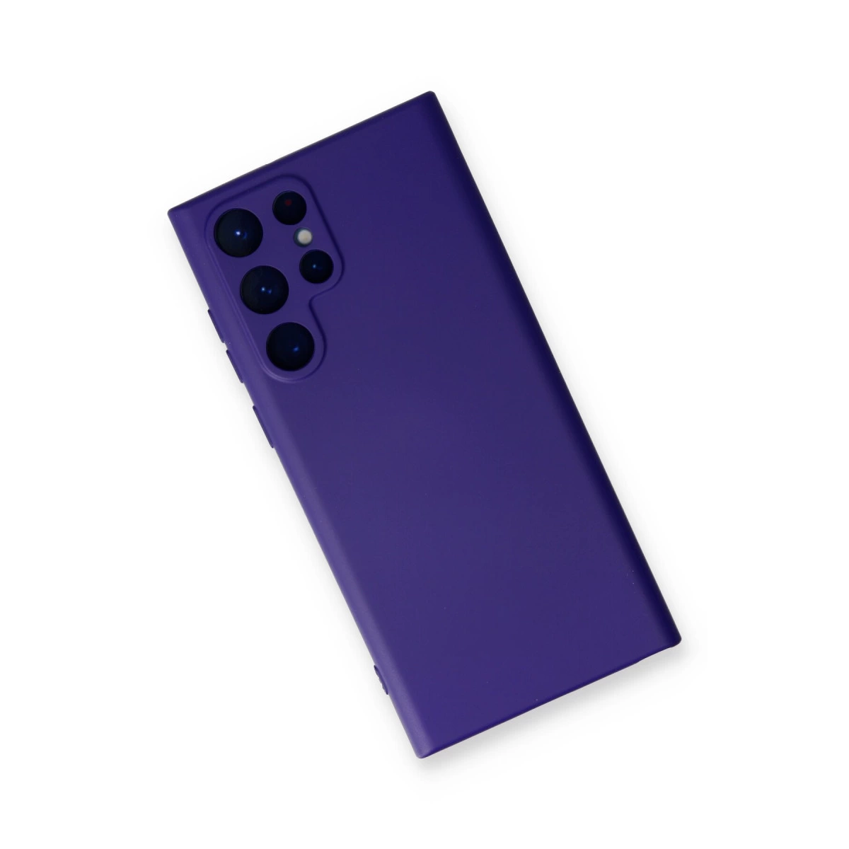Beyaz arka plan üzerinde kamera lens dizilimli mor telefon kılıfı.