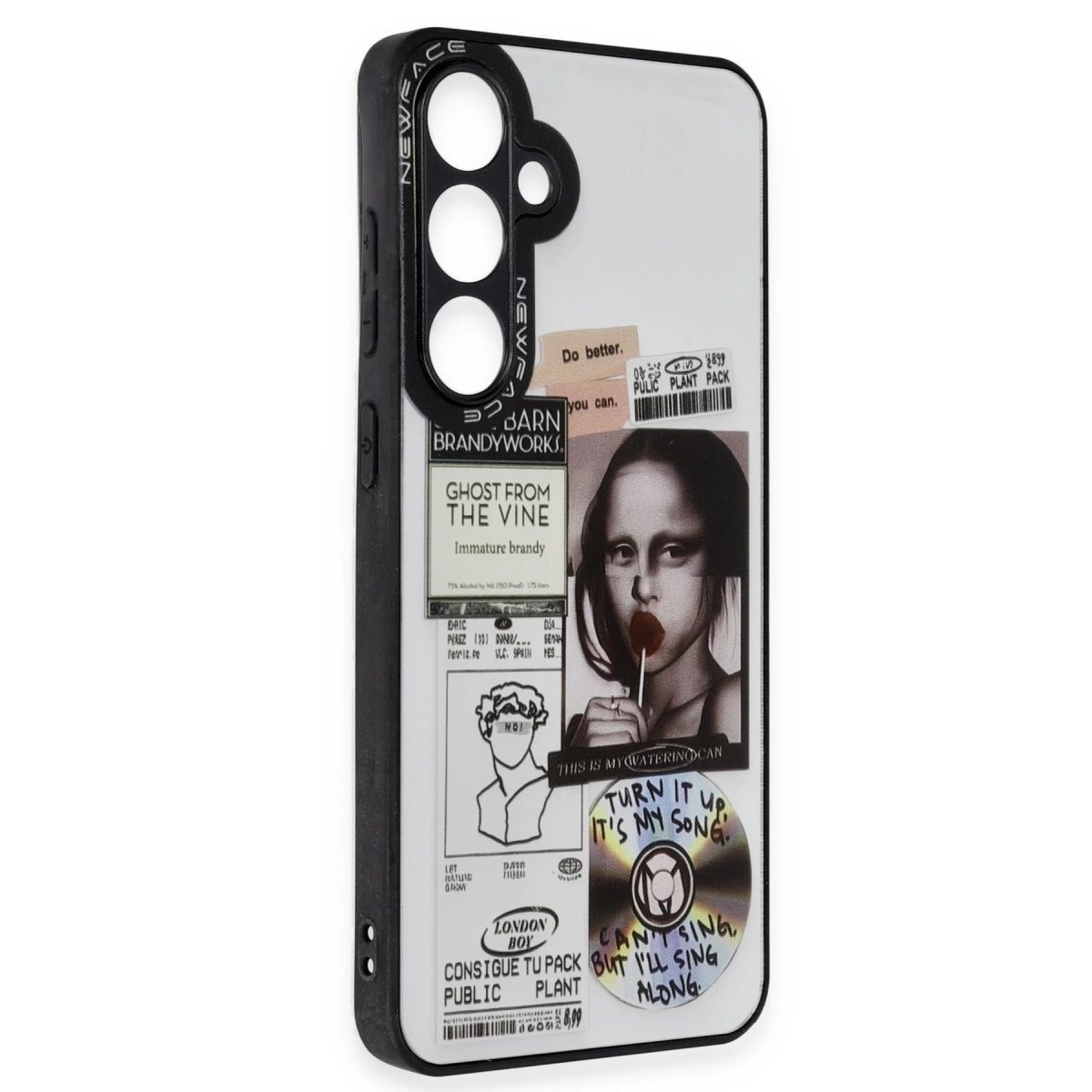 Kolaş tasarımlı, Mona Lisa ve CD grafikli telefon kılıfı.