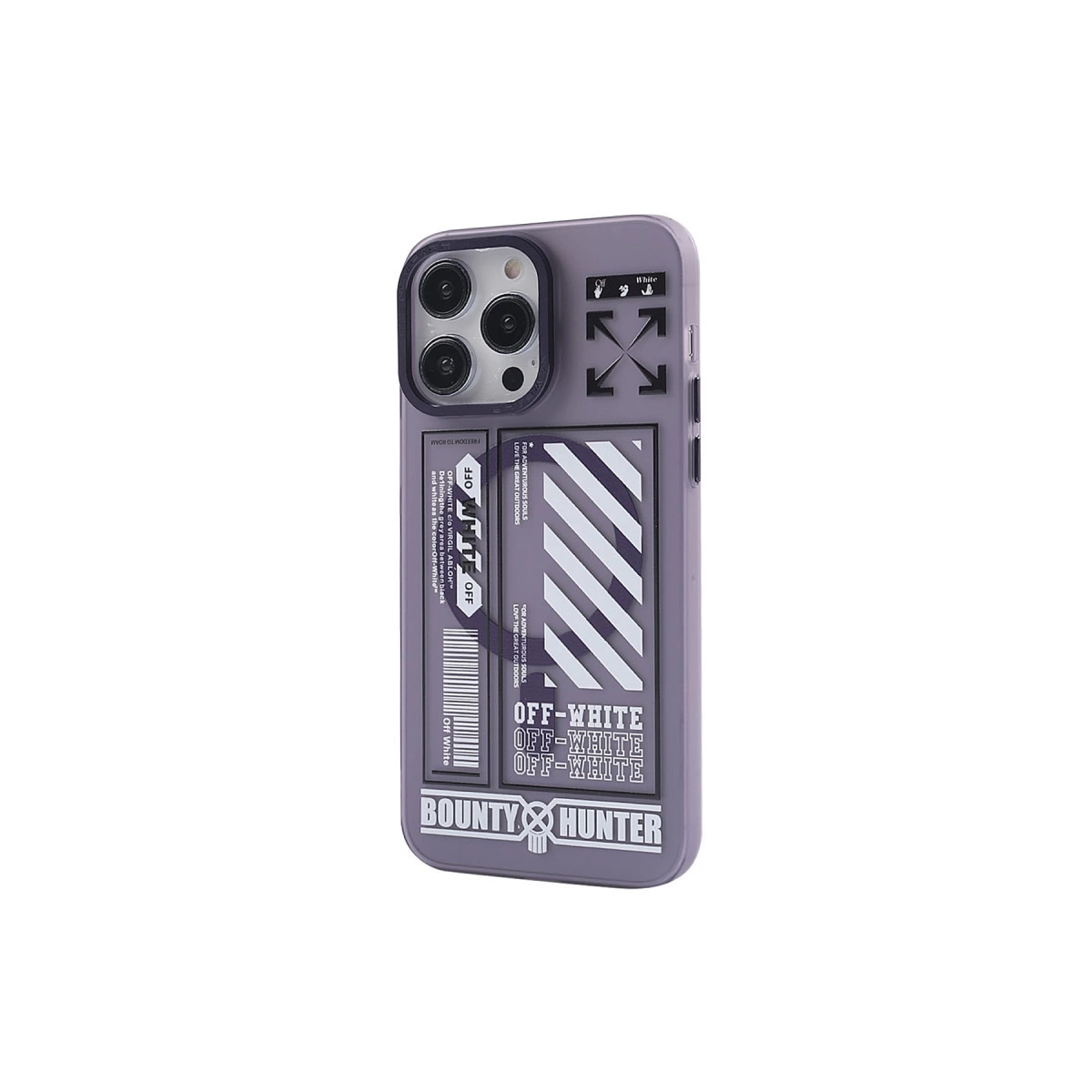 Off-White logolu ve yazılı mor bir iPhone kılıfı.