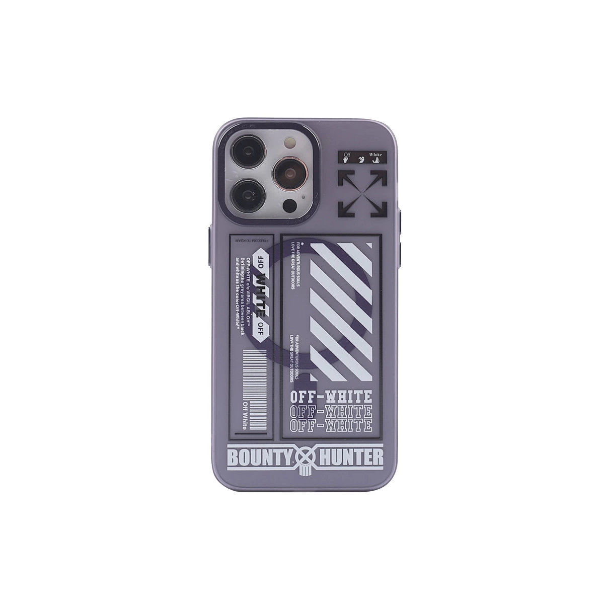 Off-White logosu ve okları bulunan gri iPhone kılıfı.